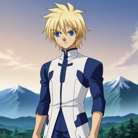 a man in a white and blue uniform standing in front of a mountain