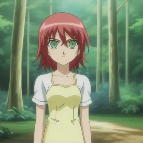 a woman with red hair and green eyes standing in a forest