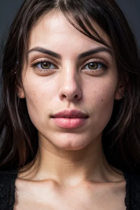 a close up of a woman with a black top and a black shirt