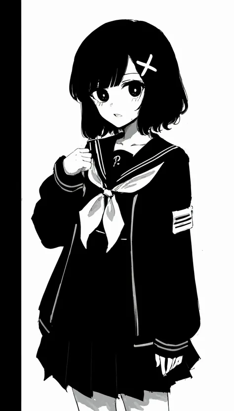 anime girl in a school uniform with a bow and a black and white background