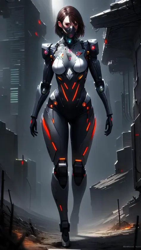 a woman in a futuristic suit standing in a city