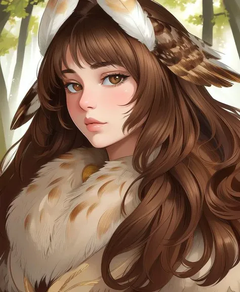 high quality, masterpiece, detailed, detailed face and eyes, realistic, thick outlines, 1girl, forest, trees, fluffy, fur trim, owl girl, feathers on head, ear feathers, light brown hair