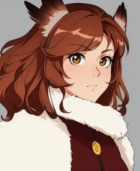 anime girl with brown hair and white fur collar