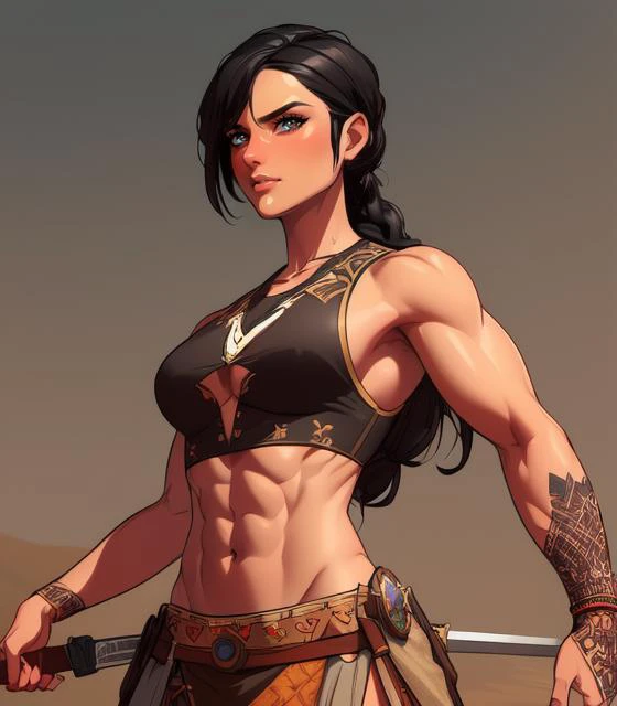 (high quality, masterpiece:1.3), intricately detailed, detailed face and eyes, 1girl, desert, tan skin, single braid, long hair, black hair, cowboy shot, sleeveless, arabian clothes, toned, tomboy, (muscular female:1.3), sheathed dagger