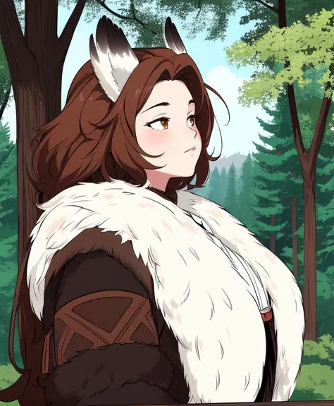 a woman in a furry outfit standing in front of trees