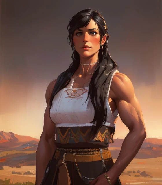 (high quality, masterpiece:1.3), intricately detailed, detailed face and eyes, 1girl, desert, tan skin, single braid, long hair, black hair, cowboy shot, sleeveless, arabian clothes, toned, tomboy, (muscular female:1.3), impasto, digital painting, (painter...