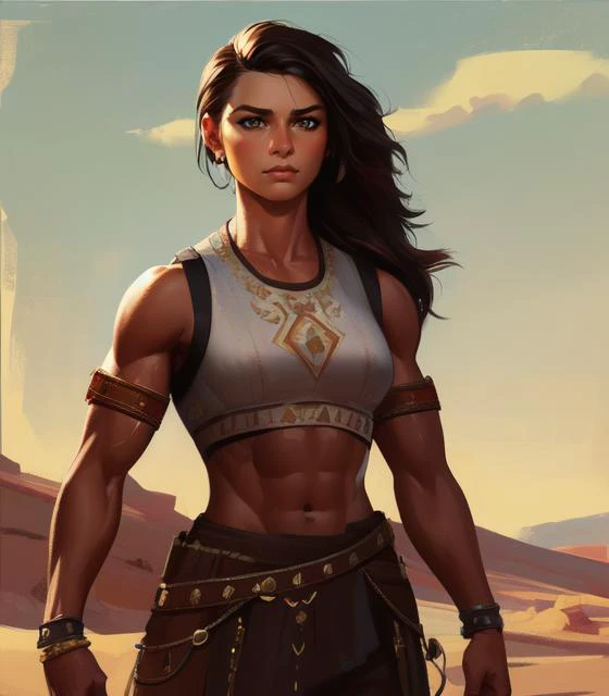 (high quality, masterpiece:1.3), intricately detailed, detailed face and eyes, 1girl, desert, tan skin, single braid, long hair, black hair, cowboy shot, sleeveless, arabian clothes, toned, tomboy, (muscular female:1.3), impasto, digital painting, statuesq...