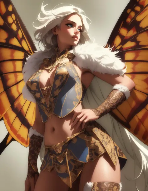 high quality, masterpiece, intricately detailed, detailed face and eyes, detailed lips, 1girl, moth girl, (large moth wings:1.2), fur collar, blonde hair, white hair, (cowboy shot:1.3), short hair, forest, barbarian, midriff, chest wraps, loincloth, tattoo...