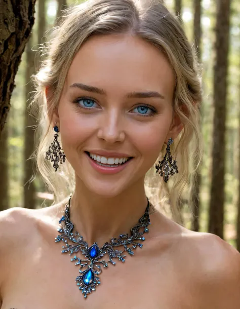 a close up of a woman wearing a necklace and earrings