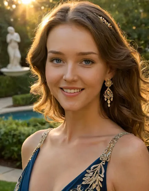 In this ethereal scene, Rachel stood alone, her radiant face with parted lips framed by graceful brown hair and adorned with intricate jewelry as she smiled at the viewer, her mesmerizing blue eyes revealing an enchanting gaze that seemed to transcend time...