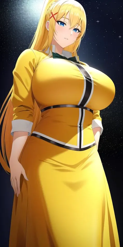 <lora:LalatinaV2:0.7> lalatinadustinessford, huge_breasts, standing, solo, yellow_dress, starry_sky,, masterpiece, best quality, detailed face, detailed eyes, highres,