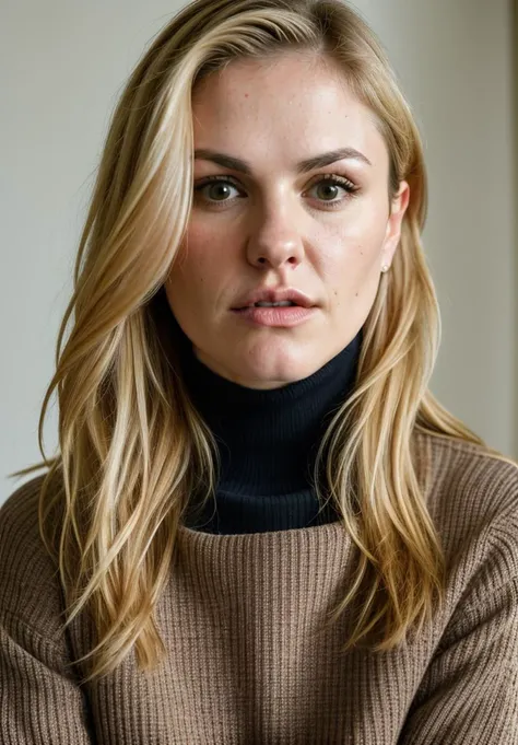 RAW close up portrait photo of annapaquin-ti, natural lighting, 8k uhd, dslr, high quality, film grain, Fujifilm XT3, by Ansel Adams, Turtleneck sweater and corduroy pants, casual clothing, well dressed