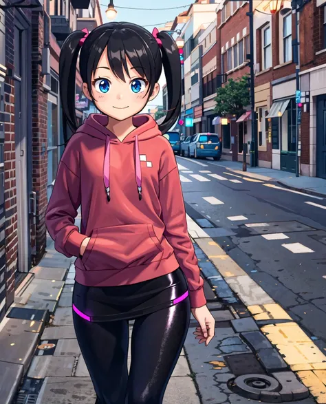 (grainy:0.5),girl,(black leggings:1.2),skirt, (red soft big hoodie:1.1),messy medium twintail,buttefly hairpin,:p, smiling, soft...