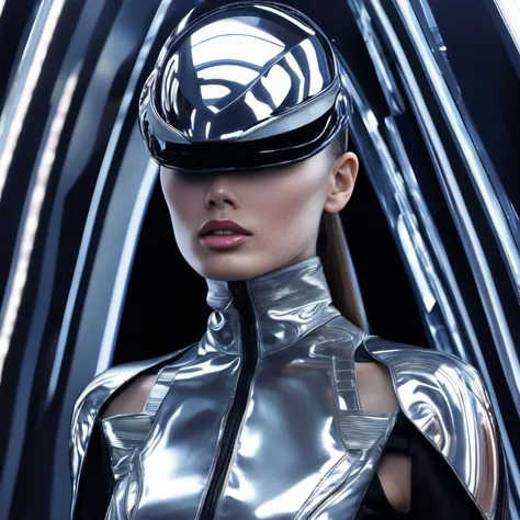 Photorealistic portrait of a model wearing futuristic couture, aesthetic, high fashion, haute couture, sci-fi chic, <lora:M_Fashion:1>