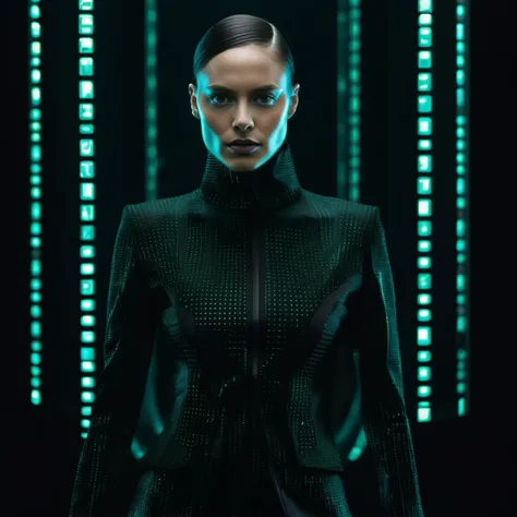 Photorealistic portrait of a model wearing a matrix outfit, digital rebellion, futuristic couture, aesthetic, high fashion, haute couture, sci-fi chic, <lora:M_Fashion:1>