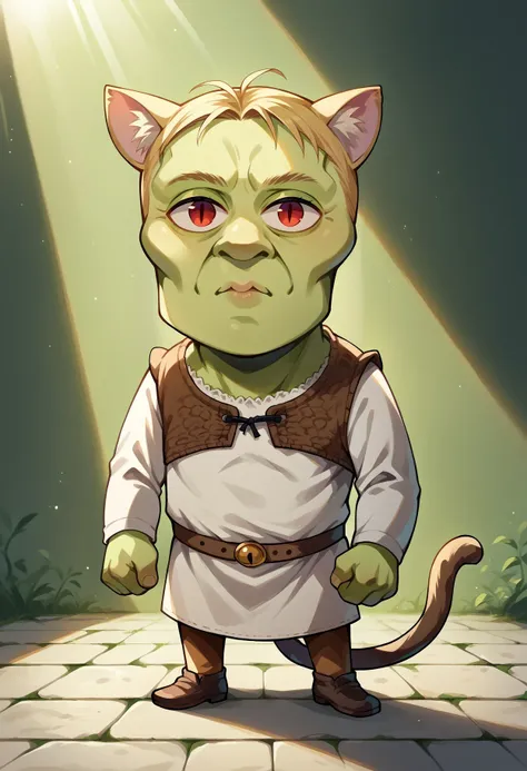 a cartoon cat dressed in a costume standing on a stone floor