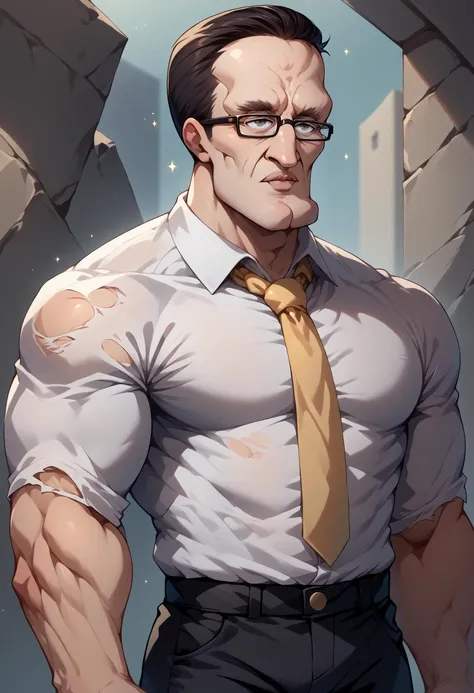 a close up of a man in a tie and glasses