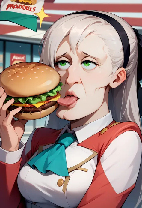 anime girl eating a hamburger with a big bun in her mouth