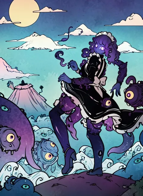 illustration of a woman in a black dress riding a giant octopus