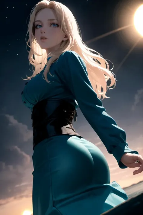 Grey eyes, blue robe and long skirt, platinum blonde hair, long hair, corset, belt,  (night:0.1), moonlight, lake, (subsurface scattering:0.6), (ray traced:1.5), (depth of field:0.8), (bokeh:0.8), (god rays:0.8), (vivid colors:1.0), (cinematic hard lightin...