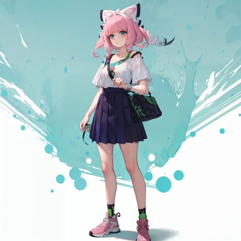 <lora:klara_pokemon:1>, <lora:BG2_dpep4+silicon29dim64:1>,blue eyes, 1girl, pink lips,pink hair,subdue,Shoulder bag,Skirt,sneaker