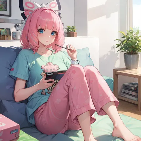 <lora:klara_pokemon:1>, <lora:BG2_dpep4+silicon29dim64:1>,blue eyes, 1girl, pink lips,pink hair,sshirt,Shoulder bag,pajamas,leisure,feet,nintendo switch,