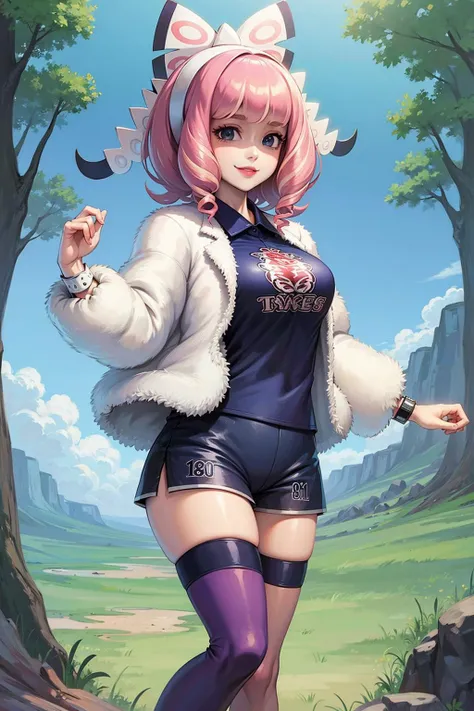 a woman in a short skirt and a furry jacket is standing in a field