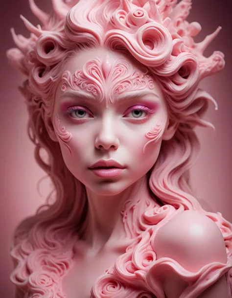 RAW photo, An intricate woman face made of pink icing. Fantasy style. Fantasy dreamlike art. Rustic. <lora:RMSDXL_Enhance:1>, <lora:Surreal Harmony:1>