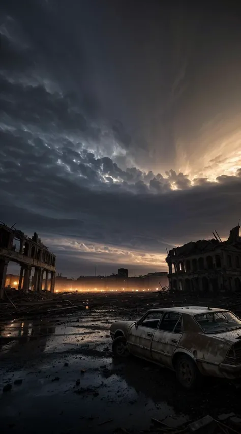 . night, inside of destroyed city view, ruins, dark cloud, a lots of broken cars, no humans, raining day, ((apocalyptic)), (masterpiece:1.3), (best_quality:1.3), (ultra_detailed:1.3), 8k, extremely_clear, realism, (ultrarealistic:1.3),