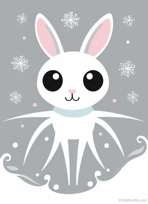 [A close-up of a stylized spider bunny hopping through a snowstorm. anime minimalist, 6-sided snowflakes, pastel, glow, 8 legs, 8 eyes:colorful swirling pastel paint droplets. flow, stunning, silver water, ripples:0.4]
 <lora:anime_minimalist_v1:0.3>