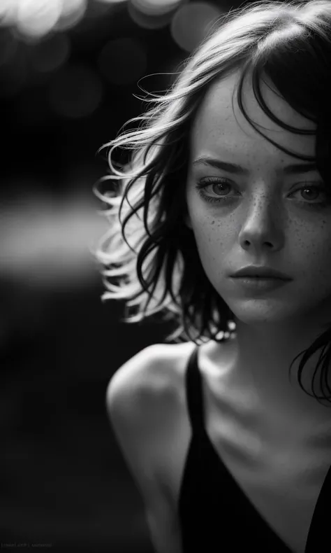 Portrait of Emma Stone by Alain Laboile, (gaussian blur:1.1) <lora:LowRA:0.45> (high key photo masterpiece:1.2) raw photo, (film grain:1.3), depth field, bokeh, Best quality, masterpiece, ultra high res, (photorealistic:1.4), (smooth light:1.4), dark theme