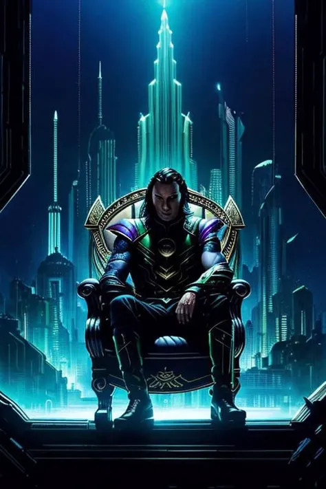 loki, thinking, sitting on cloud at thrones of asgard, cyberpunk, dark room messy room, shadow dim light dramatic lighting , neon lights, anime by Dave McKean   Wayne Barlowe James Gilleard, medium shot, subject fills  most of frame, waist to top of head,u...