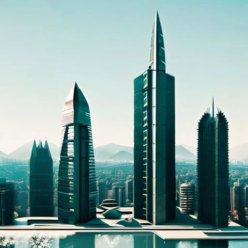 a view of a city with a pool and a large building