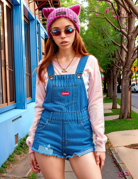 D011yLittle, (to8contrast style), Levis denim dungarees, lace bralette, Chucks sneakers, beanie, grommet belt, cat eye sunglasses, delicate rose gold necklace, streets, outdoors Ink black hair extensions, messy topknot, gold hoop earrings, glossy pout kiss...