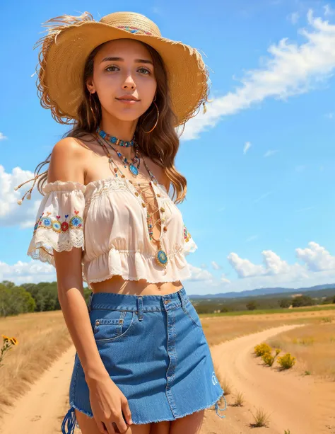 MilaAzul, (to8contrast style), standing, Embroidered gypsy peasant blouse lace up wide leg denim drape, wide brim sunhat, embroidered mules, layered necklaces with gemstones and beads, sun-weathered far away gaze, wind swept hair tumbling around shoulders,...