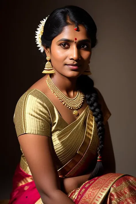 Capture a head and shoulder studio portrait of a 40-year-old Tamil woman from Indian ethnicity with a serene expression, wearing a traditional Tamilian braided hairstyle adorned with jasmine flowers, dressed in a salwar kameez, sitting in a relaxed pose, a...