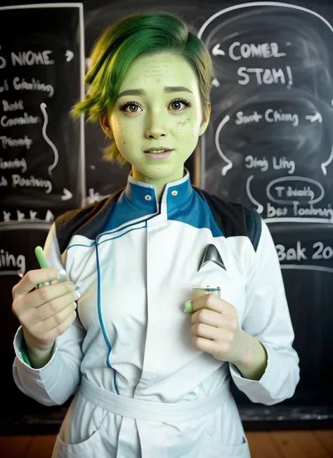 tendi with green skin wearing a white lab coat over a starfleet uniform and doing chemistry.  beakers, chemicals, pouring, concentration, chalk board, equations, young, female
<lora:tendi-Lora:1>