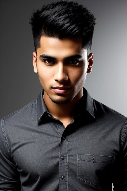 Capture a head and shoulder studio portrait of a 25-year-old young man from Indian ethnicity with a serious expression, wearing a short and spiky hairstyle, dressed in a casual outfit, standing in a relaxed pose, against a dark grey background, lit by two ...