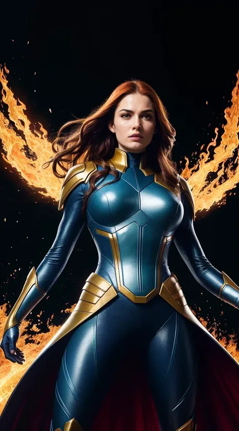 . Gorgeous X - men Jean Grey Phoenix wearing sleek pearlescent diamond armor levitating with hands raised, engulfed in flames emanating from body, molten lava landscape, magical, smooth sharp rendering, spectacular, 16k UHD, hyper realistic, Intricate fine...