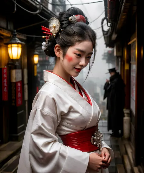 close up, bust shot, from below,  (side view:0.3), a geisha girl wearing white and red mecha suite, pattern, laughing, cyberpunk, long stairs with red lantern, fog, raining Jiu Fen Old Street, science fiction, dramatic lighting, dynamic posture, blade runn...