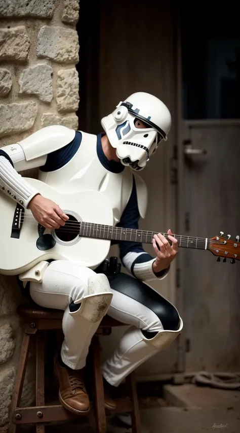 . stormtrooper sitting on WWII old german tank and playing guitar. professional color grading, soft shadows, no contrast, clean sharp focus, digital photography cinematic shot + dynamic composition, incredibly detailed, sharpen, details + intricate detail ...