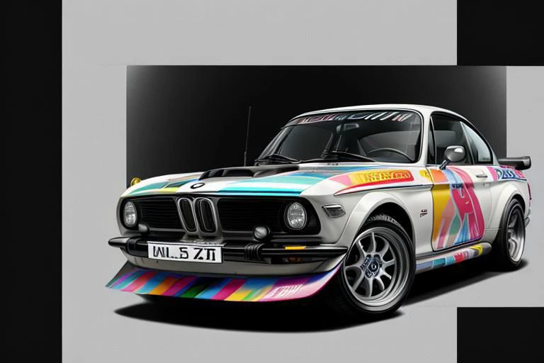 graphic design, flat design, 1973 The BMW 2002 Turbo, off white, watercolor splashes, clean highly detailed, photorealistic masterpiece, professional photography, realistic car, car with typo hiragana text "BIMMER" on the door, abstract watercolor backgrou...