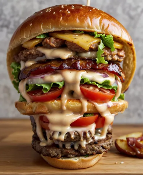 an extreme close-up of a tall ultimate bacon cheeseburger.  foodporn, savory, american, hamburger, meat, cheese, onion, lettuce,...