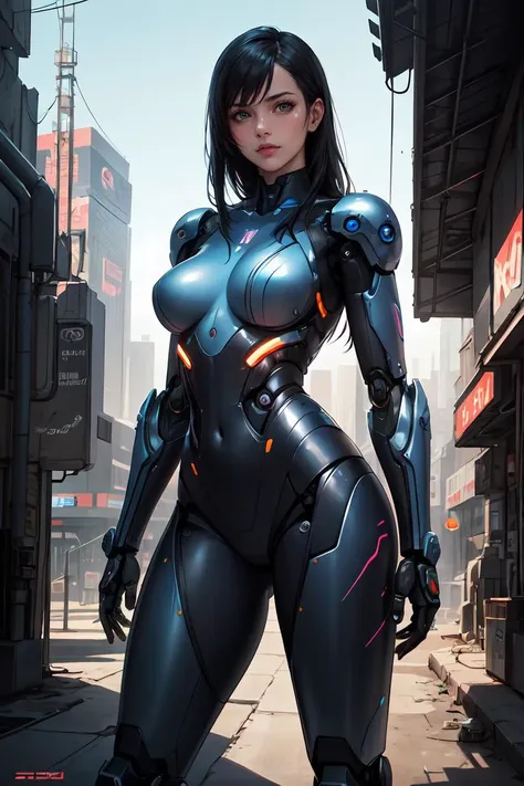 a woman in a futuristic suit standing in a city street