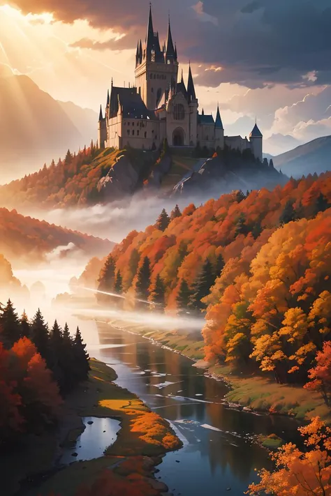 a river runs through a beautiful and colorful fairy tale valley, thick autumn forest, Huge majestic gothic castle, storm, tornado, haze, magic, sun beams, masterpiece, 8k, award winning, high quality, best quality, cinematic, intense lighting, vivid colors...