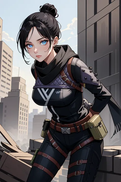 (masterpiece, best quality),  intricate details,
1girl,   <lora:wraith_(apex_legends):0.8> wraith (apex legends), single hair bun, hair bun, bodysuit, scarf, black bodysuit, holding, breasts, black hair, black scarf, large breasts, blue eyes, belt, brown b...