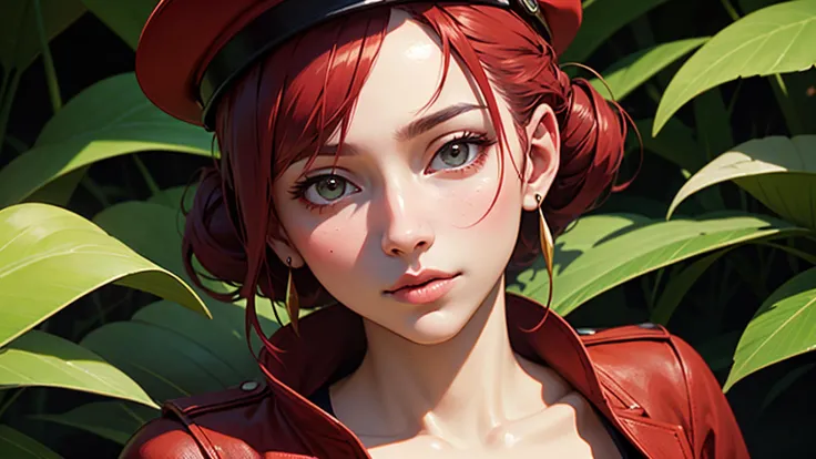 best quality, masterpiece, of a female, dressed as a Sage, with red hair, with a female Elaborate updo hairstyle, wearing a flat cap, close-up, sat, In a desert oasis where genies grant wishes to the worthy,, realistic, concept art, cinematic, volumetric l...