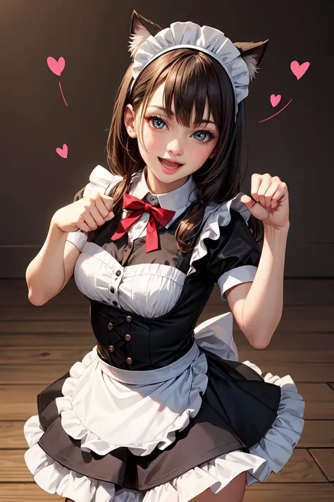 cowboy shot ,realistic, best quality, masterpiece, realistic ,<lora:more_details:0.3>, 1girl, catgirl, paw pose, cute, maid, :D, hearts, fist ,<lora:GoodHands-beta2:1>