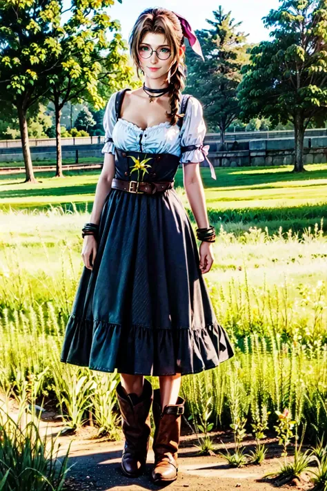 araffe dressed in a dress and boots standing in a field