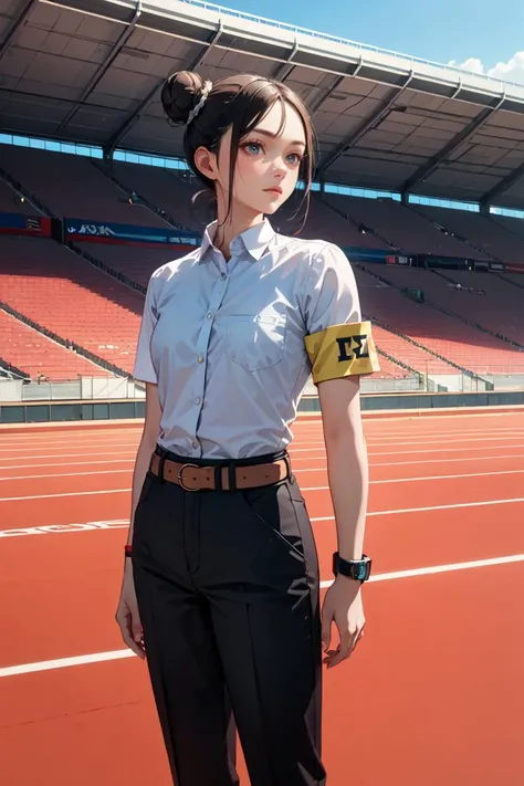 masterpiece, best quality, highres, armband, Fashion clothing, double bun, shirt, belt, pants, outdoors, cowboy shot, standing, stadium ,<lyco:GoodHands-beta2:1.0>